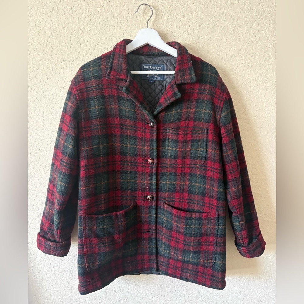 Burberrys Quilted Pea Coat with Red Tartan Trim